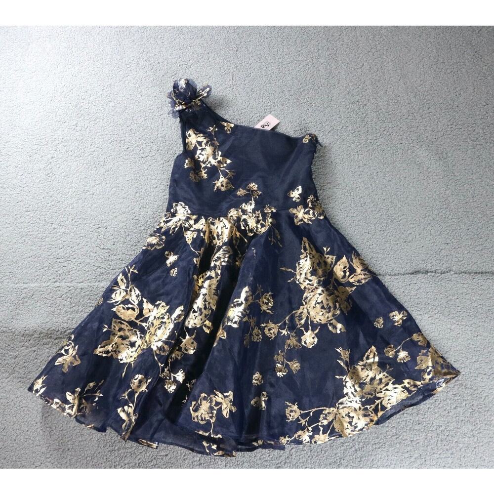 New Marchesa Notte Dress Girls 12 Blue Gold Floral One Shoulder Formal Lined USA